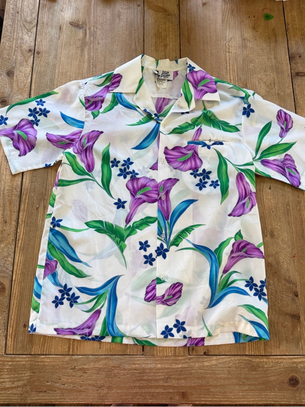Hilo Hattie White Hawaiian Shirt with Purple & Green Floral Print
